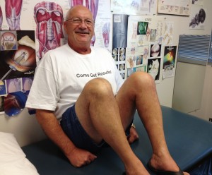 Jay Buchtel is showing his great range of motion after bilateral total knee replacement.